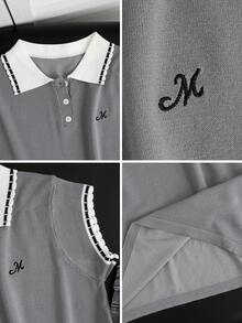 夏季通勤優雅 Polo 領撞色刺繡灰色百搭套頭短袖針織上衣，春夏約會度假日常街拍購物穿搭 - 灰色 - 查看 8
