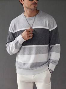 SU ER 1pc Men's Casual Striped Knit Sweater, Autumn/Winter - Grey - View 5