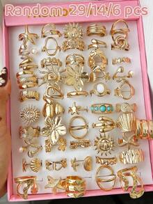 29/14/6pcs Vintage Exaggerated Bohemian Faux Pearl Turquoise Starfish Women's Ring Set, Suitable For Daily Wear, Beach, Vacation, Date, Layering - Yellow Gold - View 1