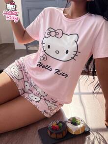 SANRIO 简约KT猫咪睡衣套装，粉色圆领印花短袖上衣+卡通印花短裤，两件套，弹性透气柔软，基础家居服/睡衣 - 粉色 - 查看 3