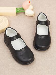 Girls' Embroidered Black Leather Mary Jane Shoes, Hook And Loop Soft Sole Anti-Slip School Student Shoes - Black - View 6
