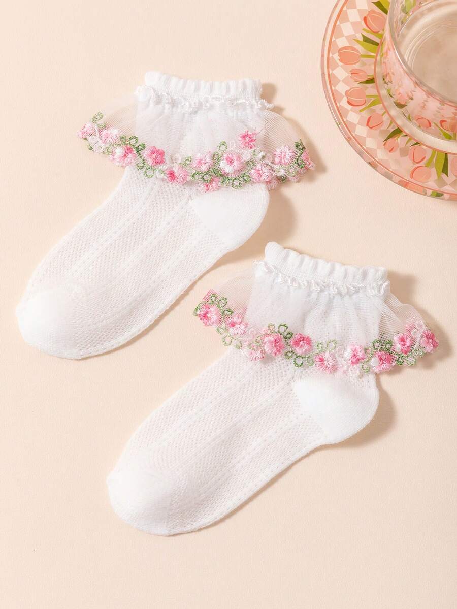 1双女婴白色蕾丝荷叶边花藤装饰透气柔软舒适袜子,适合婴儿日常穿着、节日、情人节、婚礼季等场合。 - 白色 - 查看 1