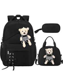 3pcs Set Solid Color Cute Bear (Detachable) Backpack Set, Cute School Bag With Bow Ribbon (Detachable), Crossbody Bear Lunch Bag, Zipper Closure, Large Capacity Multi-Pocket Lightweight School Bag, Suitable For Various Occasions, Campus Backpack, Travel Backpack, Back To School Gift - A - View 16