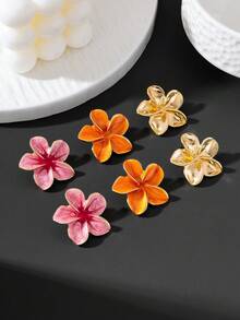 3 paires de boucles d'oreilles à tige pour femmes, style plage de vacances d'été, multicolores mélangées, élégantes et luxueuses, faites à la main, effet goutte d'huile, fraîches et douces, motif plumeria - Multicolore - Voir 4
