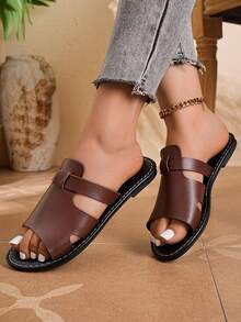 New Spring/Summer Fashion Casual Slip-On Sandals, Casual Flat Slides, Beach Sandals, Vacation Style Versatile Flat Slip-On Women's Sandals - Coffee Brown - View 2