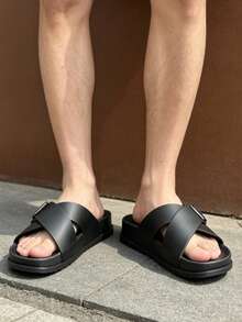 1雙男士休閒夏季新款平底拖鞋，復古百搭韓系沙灘涼鞋，戶外穿著鬆軟底沙灘拖鞋，露趾厚底耐磨舒適涼鞋，簡約時尚條紋大尺碼男鞋，適合戶外日常穿著 - 黑色 - 查看 7