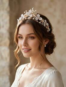 1pc Handmade Twisted Metal Leaf Pearl White Flower Headband With Rhinestone Accents, Versatile Hair Accessory For Wedding, Party, Dress, Atmospheric - Multicolor - View 2