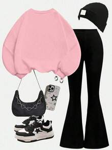 2PCS/Set Teen Girl Cartoon Bow Print Long Sleeve Sweatshirt And Flare Pants Set, Y2K Top And Bottom 2-Piece Outfit For Autumn/Winter, Suitable For Daily Wear - Multicolor - View 3
