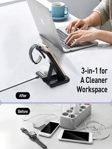 Foldable 3-In-1 Wireless Charging Station, 15W Fast Magnetic Charging Base, Adjustable Dual-Angle Stand, Supports Simultaneous Charging For Qi Phones, Smartwatches And Bluetooth Earphones, Compact Foldable Travel Design, ABS Material With Soft Ambient Indicator Light, Built-In Induction Coil, Stable Charging - Pink - View 7
