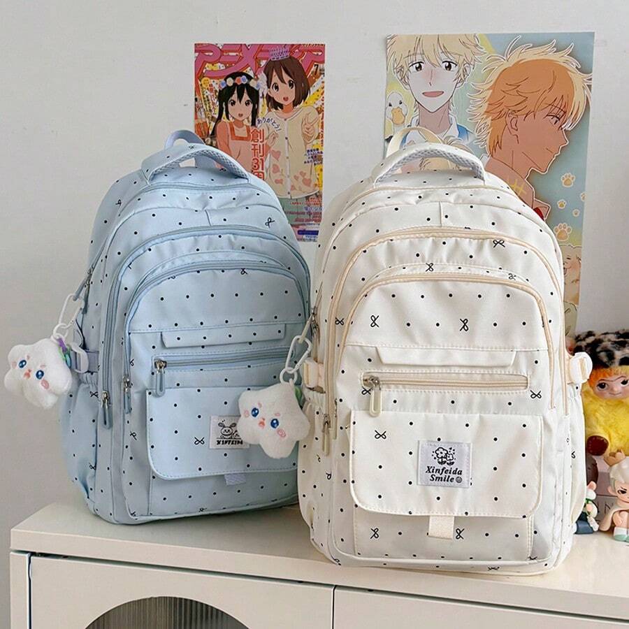 Aesthetic Retro Rucksack, Polka Dot Print Women's Functional Backpack, Large Capacity Multi-Layer Zipper Multi-Pocket Laptop Bag, Teen Girl Campus