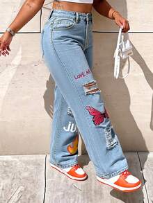 Jeans de cintura media con estampado y efecto desgastado, estilo callejero americano joven, casual - Lavado ligero - Ver 3