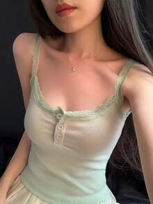 性感風蕾絲細肩帶背心女款 夏季內搭外穿修身短版露背上衣 休閒款 - 綠色 - 查看 2