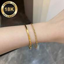 2pcs Starry Sky Stainless Steel Bracelets, Non-Fading, Minimalist Fashion, Versatile Plain Band, Stackable Ultra-Thin Bangle - Gold - View 4