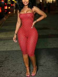 Summer Street Style Polka Dot Print Sleeveless Halter Neck Jumpsuit For Women Red - Red - View 4