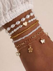 Juego de 6 pulseras para niñas con perlas, corazones, mariposas y flores, combinación adecuada para decoración diaria - Multicolor - Ver 4