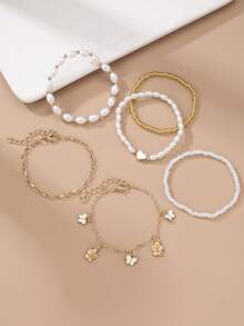 Juego de 6 pulseras para niñas con perlas, corazones, mariposas y flores, combinación adecuada para decoración diaria - Multicolor - Ver 3