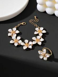 1 pezzo Elegante Set di Gioielli da Donna Stile Vacanza Estiva Spiaggia Bianco Fatto a Mano con Bracciale e Anello a Goccia d'Olio Plumeria, Versatile per Pendolarismo e Vacanza - Bianco - Visualizzare 2