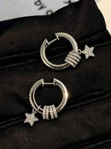 2pcs Elegant Luxury Circle & Star Rhinestone Inlaid Copper Silver Color Earrings For Women, Suitable For Dating, Gathering, Party, Engagement - Silver - View 1