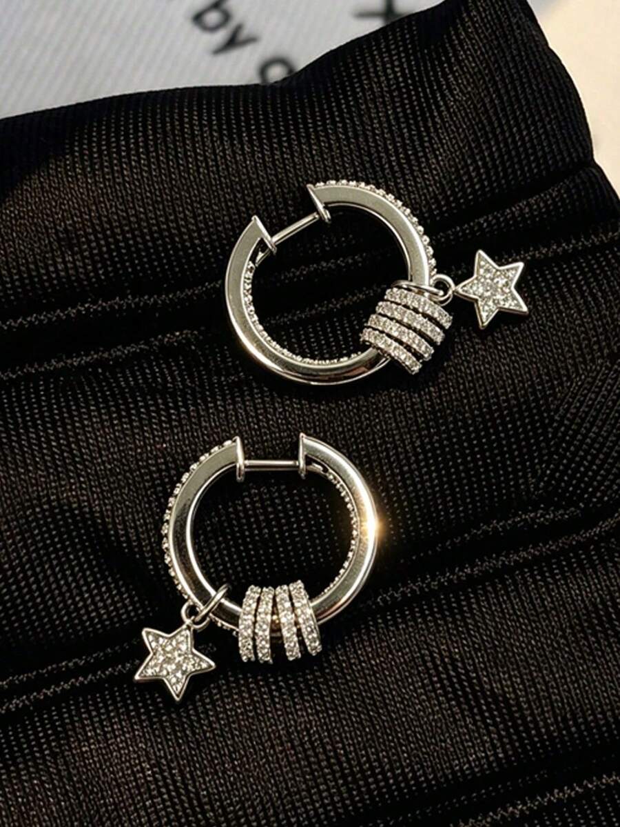 2pcs Elegant Luxury Circle & Star Rhinestone Inlaid Copper Silver Color Earrings For Women, Suitable For Dating, Gathering, Party, Engagement - Silver - View 1