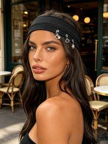 1Pc Women's Wide Elastic Knit Headband, Star Sun Heart Pendant Decoration, Minimalist Sport Yoga Headband, Suitable For Daily/Fitness/Streetwear - Multicolor - View 2