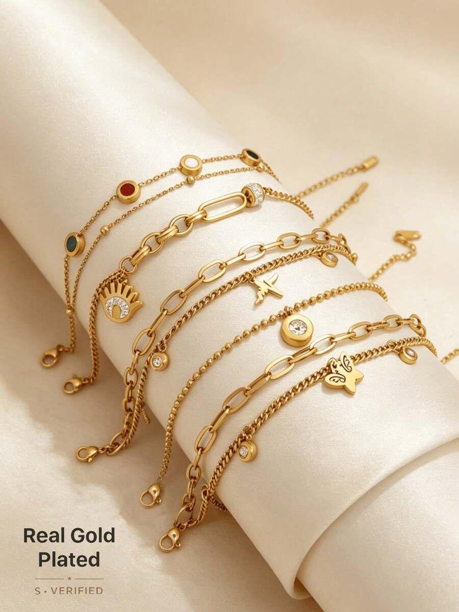 1/5pcs Stainless Steel Bracelets, Multi-Style Layered Hand Jewelry, Hypoallergenic Non-Fading Women's Accessories, Suitable For Daily Wear Or Vacation Decoration - Gold - View 1