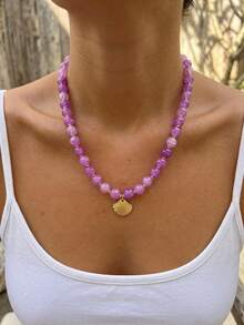 Bohemian 1pc Vintage French Elegant Fashion Hip-Hop Boho Vacation Style Bling Bling Colorful Beaded Purple Shell Conch Pendant Tassel Long Necklace Set Personalized Exaggerated Unique Y2K Multi-Piece Layered Y-Shaped Chain Collarbone Chain Sweater Chain Suitable For Women Summer Beach Vacation Party Evening Dinner Music Festival Date Gift Daily Wear All Season Versatile Jewelry - Purple - View 3