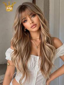 22 Inch Women Light Brown Ash Blonde Balayage Long Wavy Synthetic Wig With Air Bangs, Natural Layered Curly Hair For Daily Office Party Dating Cosplay Heat Resistant High Temperature Fiber - Multicolor - View 6