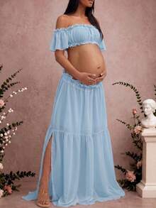 Maternity Sleeveless Ruched Dress, Chiffon Moderate Stretch Ruched Pleated Detail Front Slit Ruched Hem Maternity Photography Baby Shower Party Dress Spring - Baby Blue - View 3