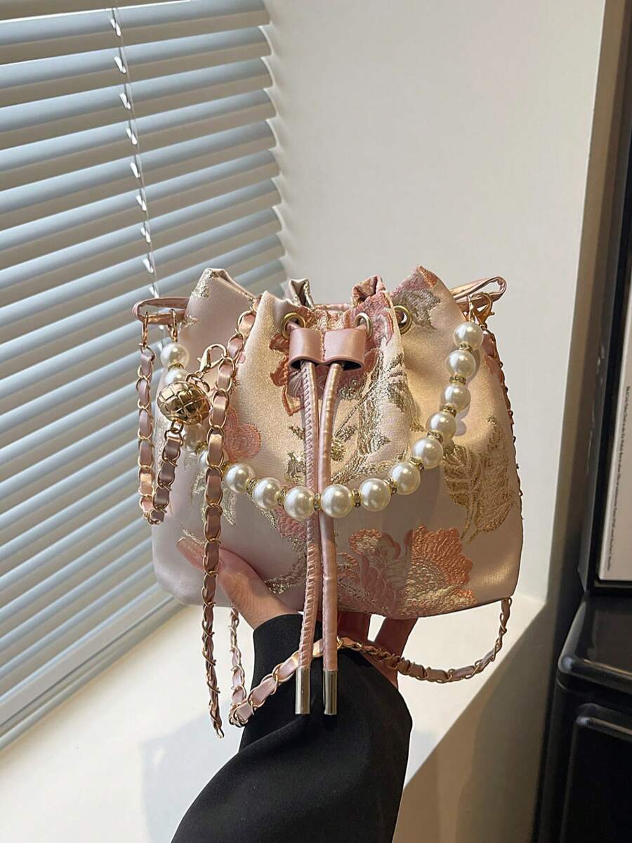 1件式抽繩開口布料印花水桶包，附刺繡珍珠手鏈裝飾，可愛蝴蝶女款晚宴包，可肩背、斜背、手拿，時尚禮品包，適合女性派對、晚裝及日常使用