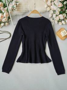 Navy Blue Knitted Cardigan Women's Autumn/Winter New Style Gold Button Waist-Cinched Ruffle V-Neck Sweater Jacket Elegant Commuter Slimming Fall - Navy Blue - View 10