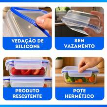 Kit c/ 8 Potes de Vidro Borossilicato Hermético 370ml Congelador Freezer Microondas Forno Marmita Fitness Saudável Lanches Salada - Azul - Visão 3