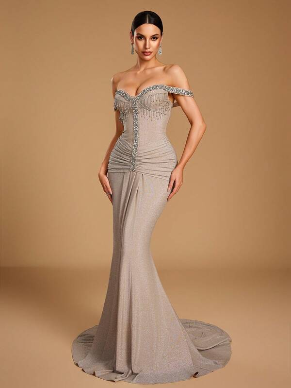 GIFORU Women's Elegant Off-Shoulder Rhinestone Tassel Mermaid Evening Gown, Annual Meeting Party Wedding Fall