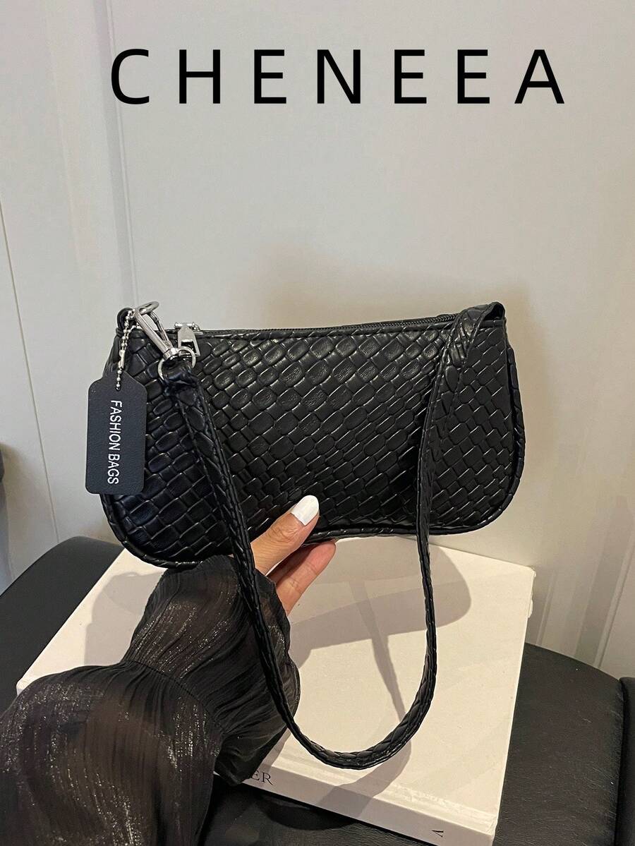 New Vintage Fashion Embossed Woven Texture Baguette Bag, Zipper Closure, Lightweight Minimalist, Solid Color PU Leather Shoulder Underarm Bag