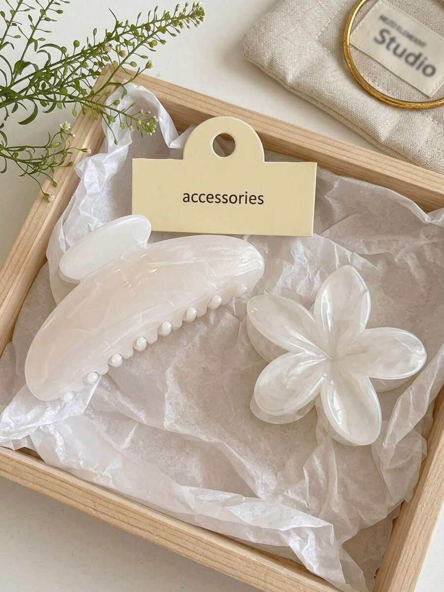 1pc Acrylic Plumeria Hair Claw Clip, White Pearl Luster 3D Petal Design, Elegant Sweet Women's Updo Hair Accessory, Fresh Elegant For Wedding, Party, Date, Daily, Face Washing, Makeup, Travel, Vacation, Photography - Multicolor - View 1