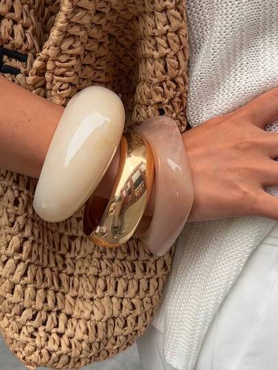 1/3pcs Vintage Punk Beige Khaki Thick Resin Geometric Asymmetrical Bracelet, Women's Jewelry