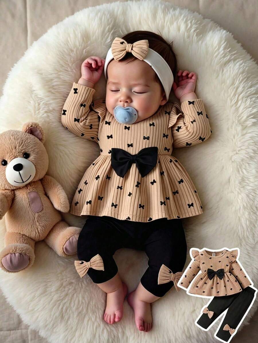 Baby Girl Bow Print Crew Neck Long Sleeve Top And Leggings - Khaki - View 1