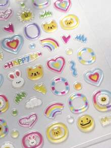 Dopamine-Style 5D Embossed Nail Art Stickers Featuring Colorful Bunnies Hearts And Jelly-Effect Designs Along With Cute Rabbits And Bears For DIY Nail Decoration - 彩色 - 查看 5