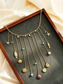 1pc Bohemian Beach Vacation Style Rhinestone Starfish Shell Fish Multi-Strand Tassel Design Premium Versatile Women's Necklace - Multicolor - View 3