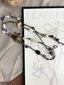 Bohemian Style Beaded Leather Cord Thin Waist Belt, Double Strand Tie Waist Belt With Faux Stone, Shell And Wooden Bead Decor, Bohemian Style Festival Accessory For Women - Woven Belt - View 9