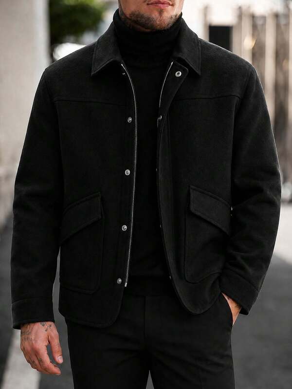 Men's Wool Blend Shirt Jacket With Turn-Down Collar, Full Zip And Snap Button, Flap Pockets, Long Sleeve Casual Wool Coat