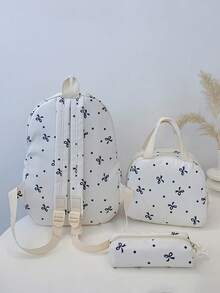 3pcs Set - Cute Bow Pattern Backpack Set For Back To School, Large Capacity Polyester School Day Bag With Lunch Bag And Pencil Case, Multi-Pocket Casual Backpack, Lightweight Bookbag, Suitable For Students/Graduates/Young People, Perfect For Back To School/Daily/Shopping/Short Trips And Outdoor Leisure Activities - 2283 - View 8