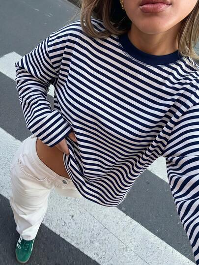 Striped Contrast Ribbed Long Sleeve Loose Women Tops Spring
