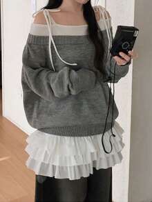 Korean Style Versatile Casual Slimming Square Neck Long Sleeve Top - Grey - View 7