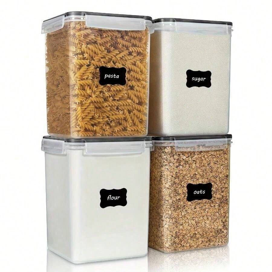 Set Of 4 Airtight Jars, Large Containers For Food Storage, Plastic Canisters Suitable For Flour, Sugar, Baking Ingredients, Pasta, And Rice, Complete With Lids, 4 Measuring Cups, And 24 Labels In Black - View 1