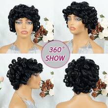 Short Bob Afro Loose Curl Wig With Bangs Human Hair Pixie Cut Wig Bouncy Curls 150% Density Put On And Go Wigs For Women None Lace Egg Curl Glueless Wig With Bangs - Natural Black - View 4