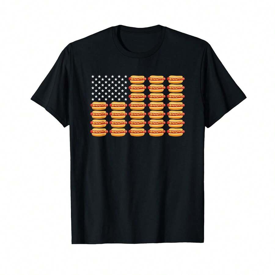 Unisex Hot Dog American Flag July 4th Casual Top For Men Women - Black - View 1
