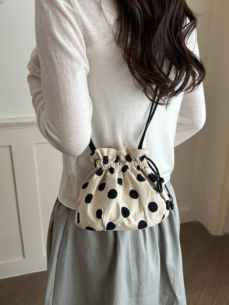 Mini Bucket Bag With Polka Dot Pattern, Drawstring Closure, Crossbody Bag For Party And Casual, Minimalist Design, Can Be Worn As Shoulder Bag, Crossbody Bag, Backpack, Multi-Way Carrying - Black and White - View 6