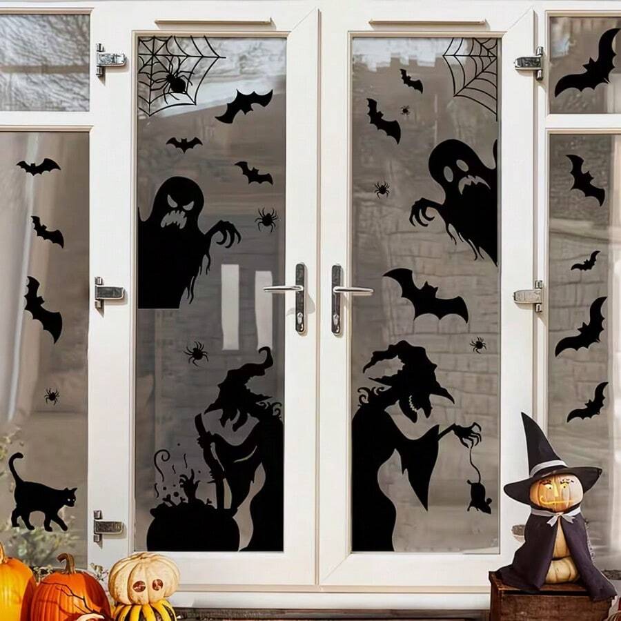 27 piezas/3 hojas Pegatinas decorativas para ventanas de Halloween, Bruja aterradora, Fantasma, Murciélago y Araña, Accesorios de bruja, Elementos de caldero de bruja - Víspera de Todos los Santos - Ver 1