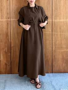 Women's Elegant Vintage Elegant 2-Piece Dress Set, Solid Color Summer - Brown - View 8