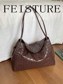 FEISTURE 1pc Vintage Large Capacity Woven Texture Women's Shoulder Bag, Fashion Commuter Tote, Suitable For Girls, Women, College Students, New Professionals And White-Collar Workers, Perfect For Work, Business, Commuting, School - Coffee - View 3